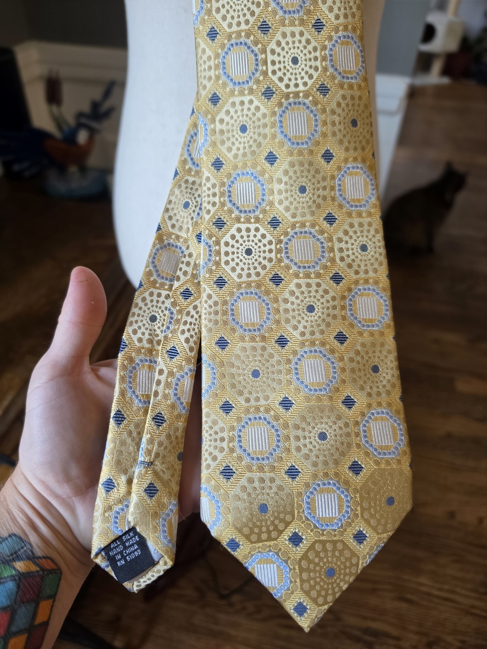 Steve Harvey From Macy's Gold Tie with Blue and White Geometric Motif